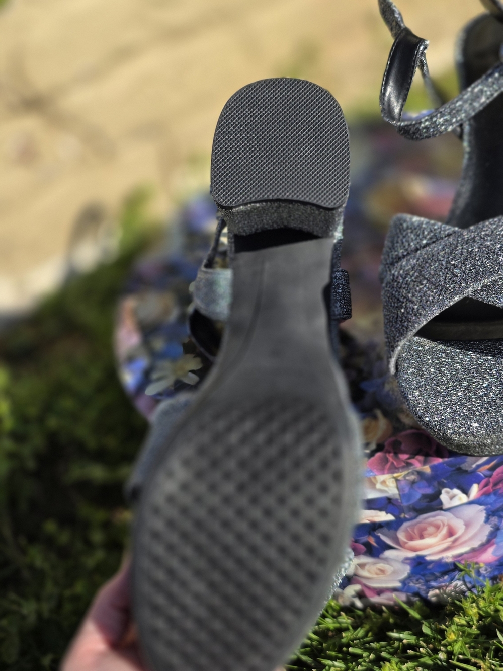 AEROSOLES Silver Glitter Ankle-Strap Block Heels - Picture 7 of 10